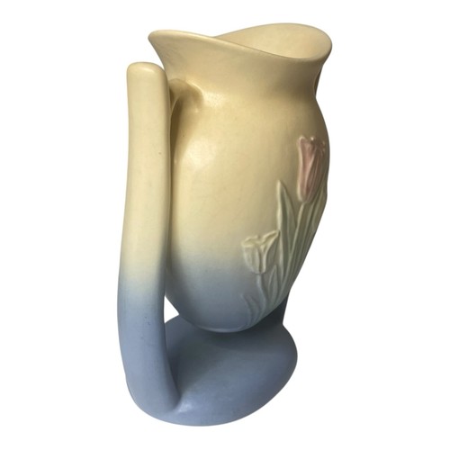 Hull Tulip Suspended Vase Yellow Blue 103 33 6 Double Handle 7” Vintage Pottery - Picture 2 of 24