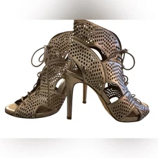 JOIE Rose Gold Laser Cut Lace Up Open Toe Elvie Booties Size 6.5