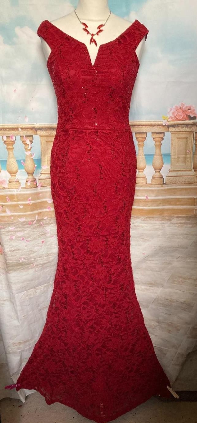 Quiz  Maxi Dress 8 Red Lace NEW Sequin Fishtail Bardot Stretch Prom Evening