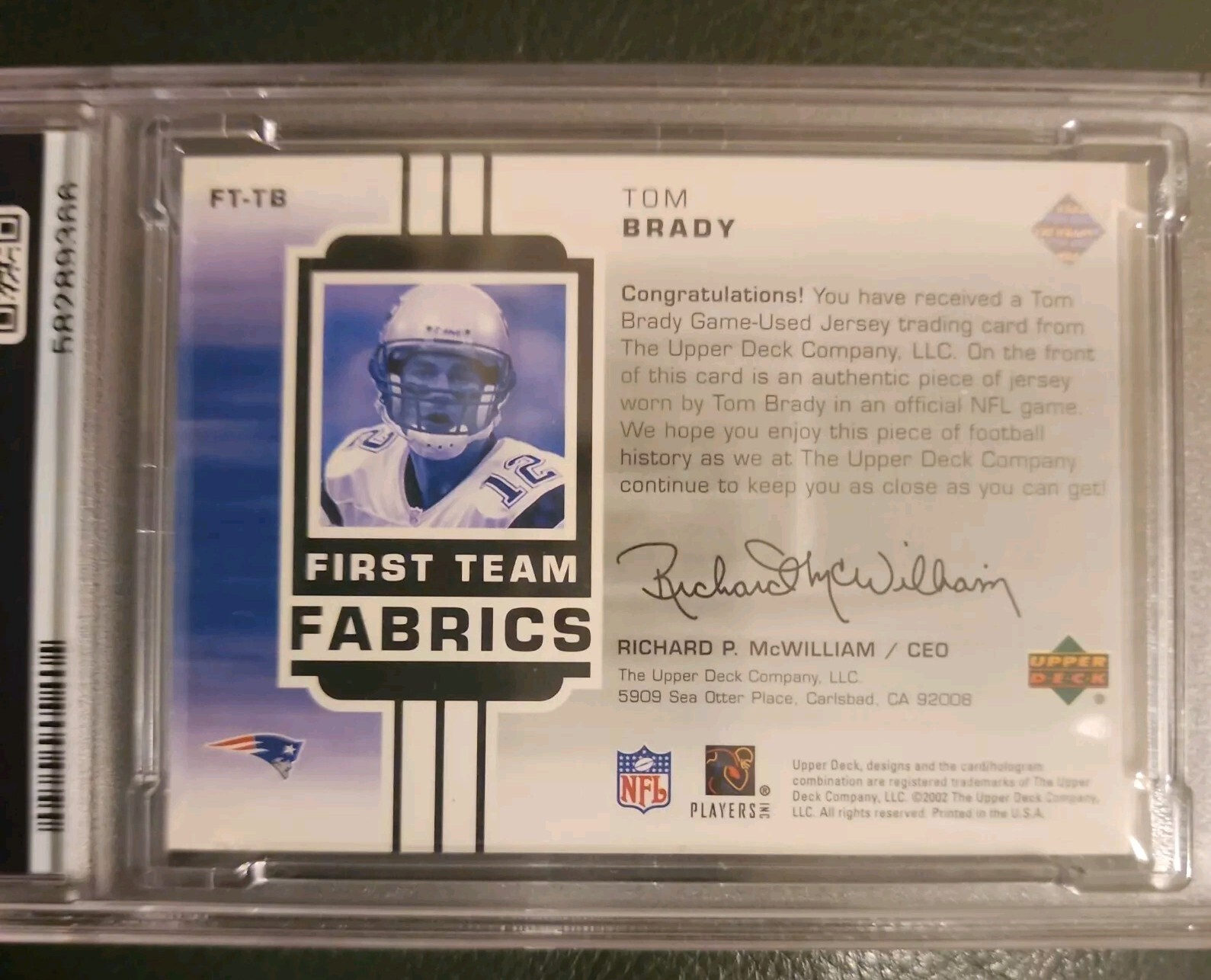 2002 Upper Deck Tom Brady First Team  Game worn Jersey patch PSA 9 view 2