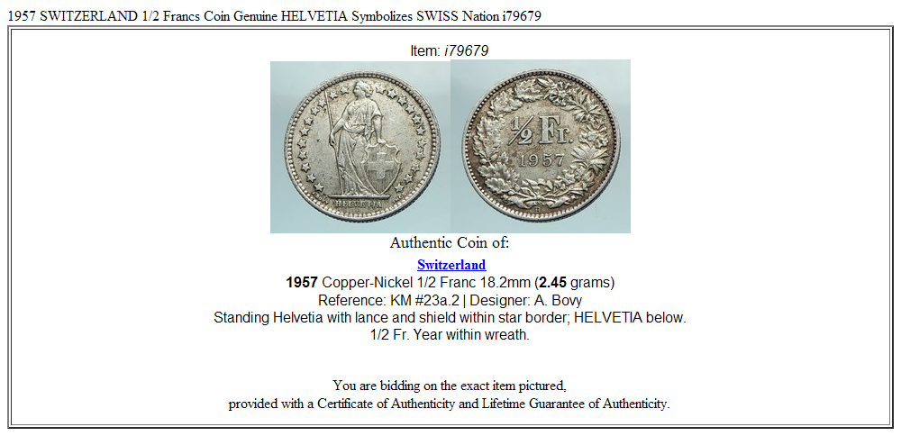 1957 SWITZERLAND 1/2 Francs Coin Genuine HELVETIA Symbolizes SWISS
