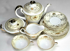 18 Piece Tea Set For 2 White Ceramic Gold Flower Accents Vintage Made In Japan