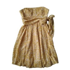 BCBGMAXAZRIA Yellow White Strapless Silk Bubble Hem Tie Front Mini Dress Size 2