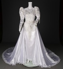 Forever Yours Vintage 80s 90s White Satin  Lace Wedding Dress sz 6