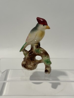 Vintage Ceramic Green Burgundy Yellow Bird on Tree Figurine Royal Copley Style
