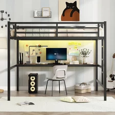 Metal Full Size Loft Bed with Power Outlet and LED Lighted, Space-Saving, Black