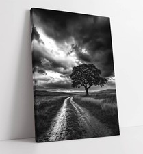 COOL DARK GREY LANDSCAPE WITH TREE FRAMED CANVAS WALL ART PICTURE PRINT