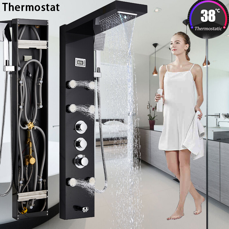 Thermostat Duschset Aus Edelstahl 304 – Mit Regendusche, Handbrause, Massagedüsen & 130 Cm Stange