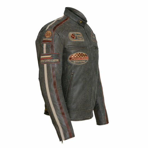Chaqueta de cuero clásica británica para hombre con insignias motociclista marrón a rayas - Imagen 2 de 6