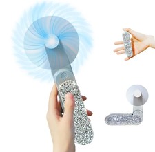 Mini Portable Bride Fan with Rhinestone Decor Bling Foldable Battery Operated...
