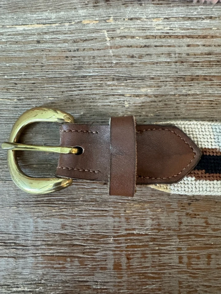 Needlepoint Embroidered Golf Theme Belt with Leather Trim and Brass Buckle - Image 3 of 4