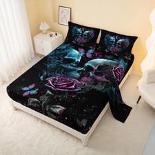 Sugar Skull 4 Piece Fitted Sheet Set - King Size, Romantic Skull Couple Rose ...