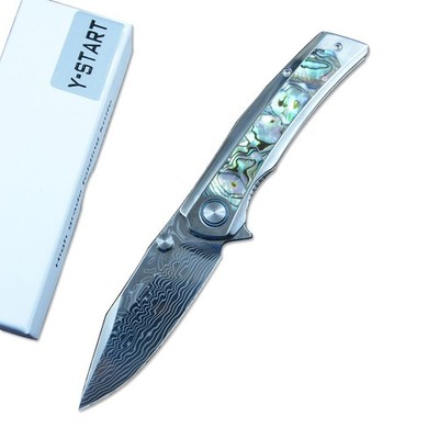 Y-START Folding Pocket Knife Damascus Blade Titanium Inlay Abalone Shell Handle