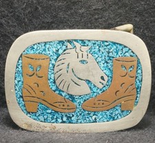 XD07132 VINTAGE 1970s  HORSE HEAD  COWBOY BOOTS  WESTERN ARTWORK BELT BUCKLE