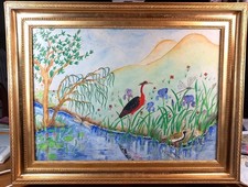 Japonisme Mixed Media XIX Frame Etching Red Heron Dragonfly 2 Gold Birds