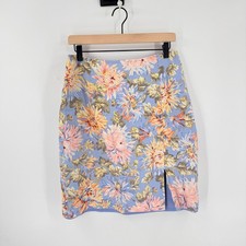 Vintage 90s Talbots Floral 100 Linen Skirt Blue Size 12 Pencil Slit Romantic