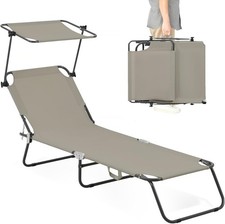 Folding Outdoor Lounge Chair with Canopy - Portable & Adjustable, Taupe
