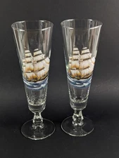 2 Vintage Pilsner Glasses Beer Cocktail Tumblers Footed Goblets Sailboat Ships