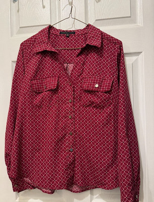 Adrienne Vittadini Blouse Top Womens PL Petite Burgundy V-Neck Button Up