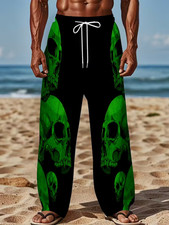 Green Skull Print on Black Background Pajama Pants