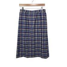 Vintage Pendleton Wool Plaid Midi Skirt Blue Grey Tan Made in USA Size 10