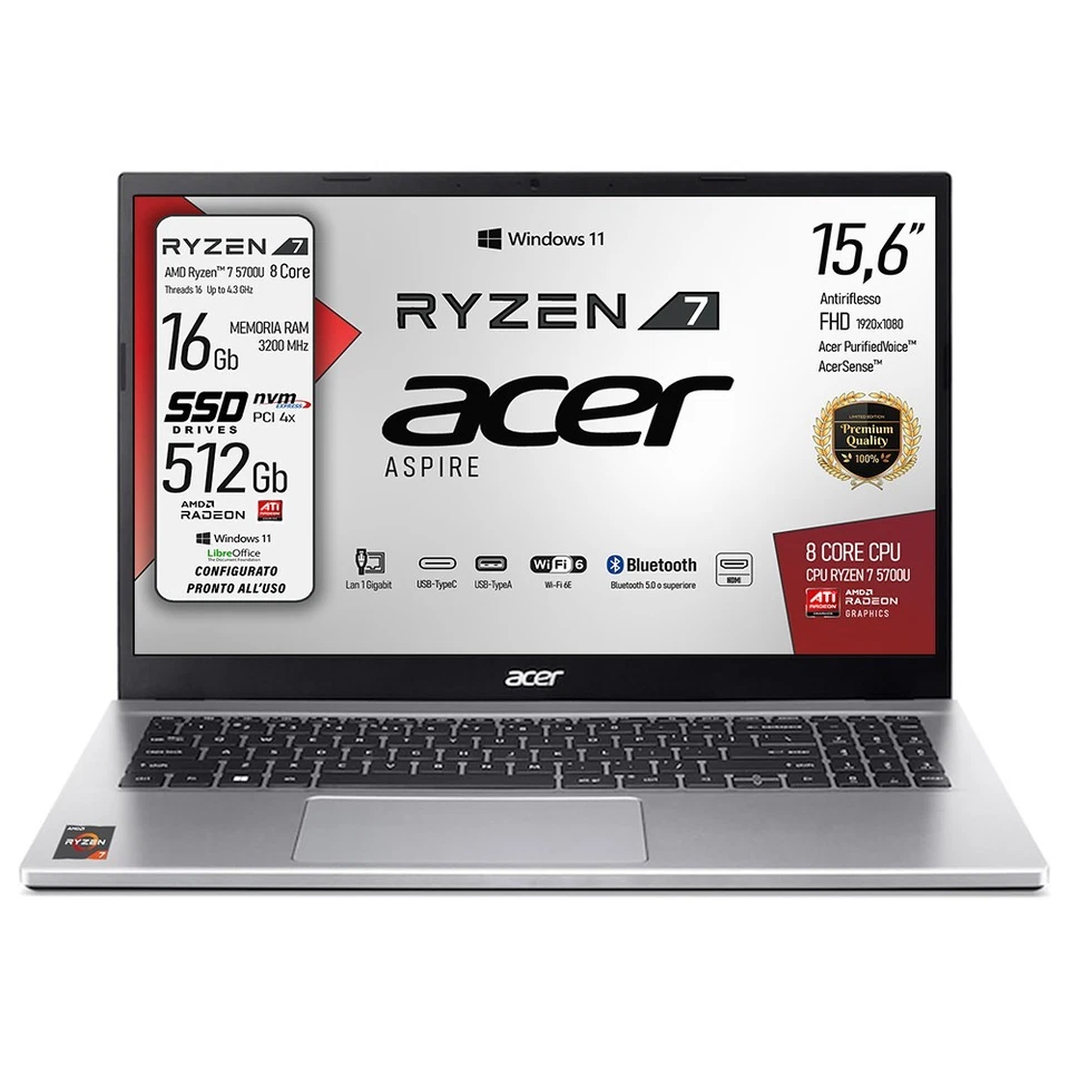 Notebook PC Acer Aspire AMD Ryzen 7 SSD NVMe 512 GB RAM 16 GB 15,6 FHD Win11 - Immagine 2 di 4