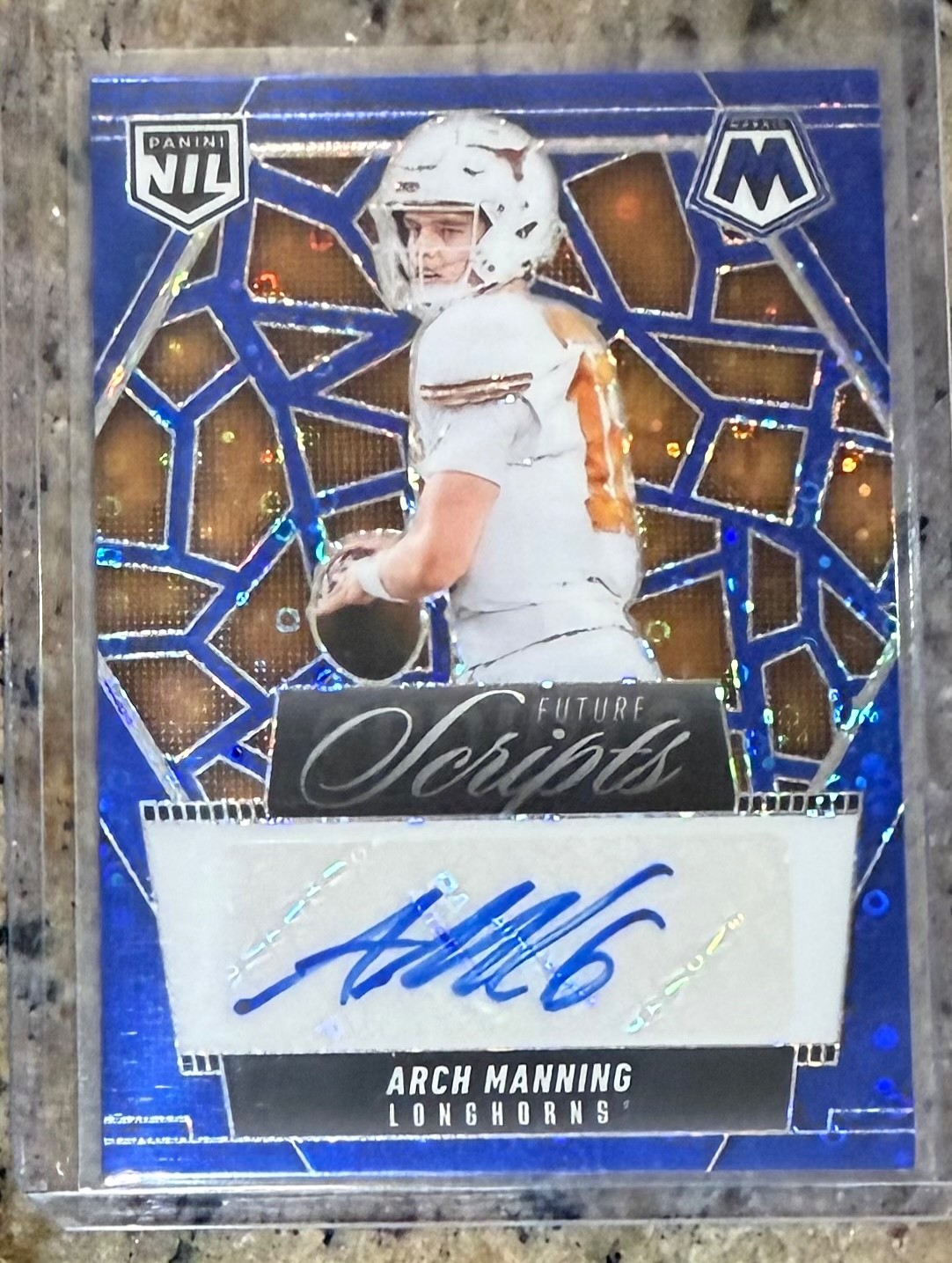 2025 Panini Mosaic Arch Manning NIL Future Scripts Auto No Huddle Blue Prizm SP