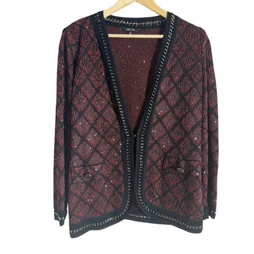Misook Crochet Chain Trim Mini Sequin Knit Jacket Crimson Red Black Size Medium - Picture 4 of 13