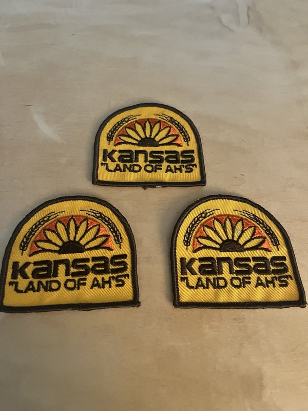 Lot Of 3 Vintage Kansas “Land Of Ah’s.” Souvenir Patches Sunflower Wheat Design 