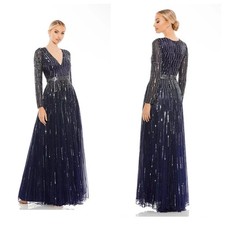 MAC DUGGAL SEQUINED ILLUSION SLEEVE A LINE GOWN MIDNIGHT SIZE 6 NWT MSRP 598