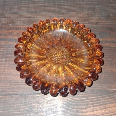 Vintage Hazel Atlas Amber Yellow Sunflower Ashtray Trinket Dish MCM 5.5 