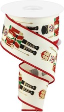 RG Ribbon Nutcracker Print 2.5" Inch x 10 Yards, Wired Edges - Ivory, Red, Go...