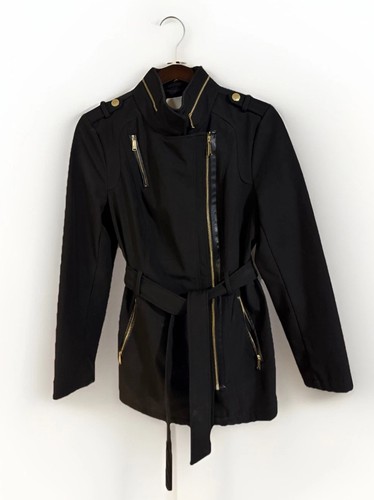 Michael Kors Women's Black Trench Gold Zipper Belted Jacket Coat Size M EUC