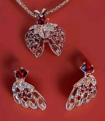  Vtg/Est- ROBUST House of Nikolas w/15 Rubies & 8 CZ,Earrings/Necklace 18''Boxed