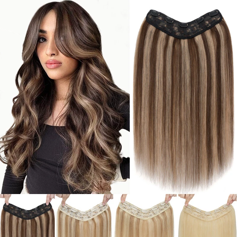 V-Shape Clip In Human Hair Extensions One Piece Weft 3/4 Full Head Thick  16-20