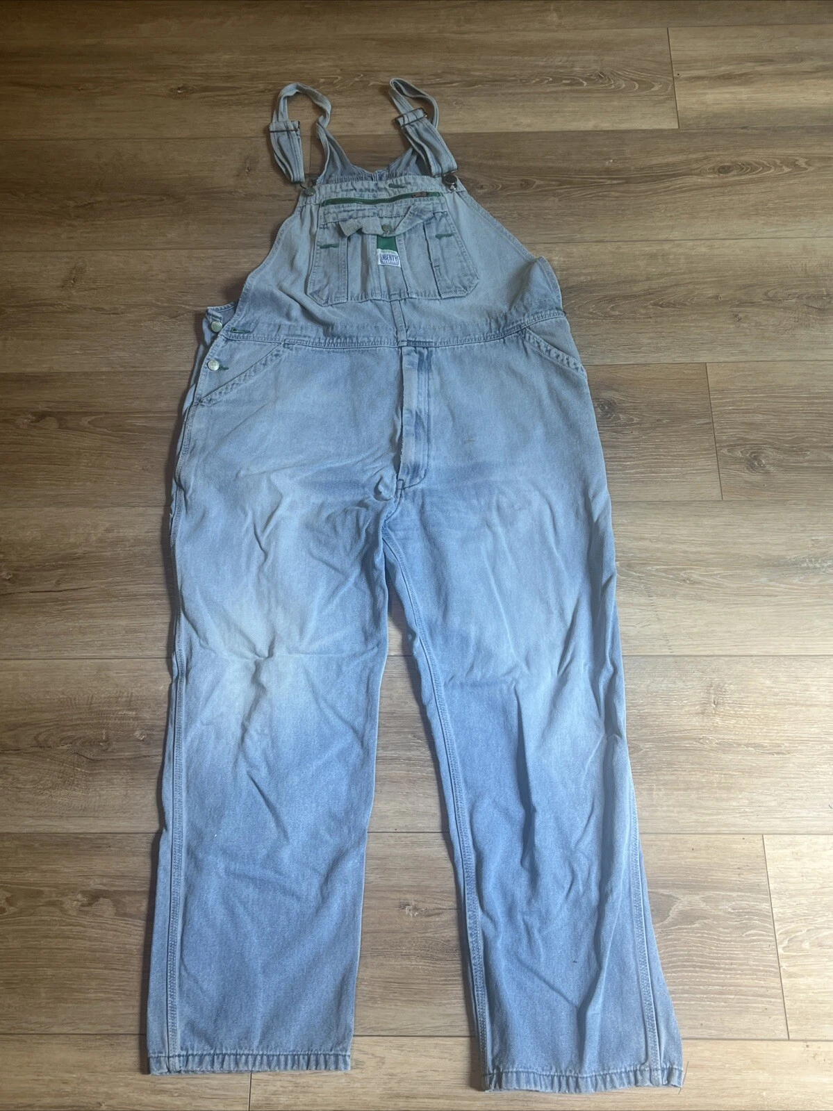 Liberty Men's Blue Denim Utility Outdoor Bib Overalls Distressed 44x29