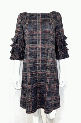 Gabby Skye Gray Plaid Knit Tiered Ruffle Slv Sweater Shift Dress Size S EUC