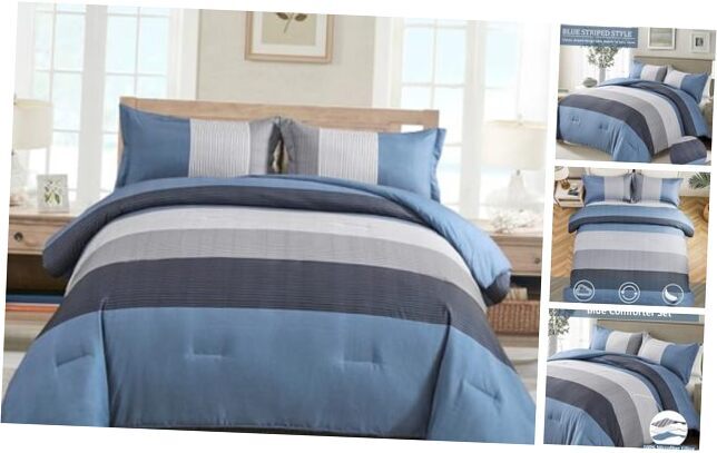 Comforter Set Size, Reversible Blue Grey Striped Patchwork Queen Light Blue-image