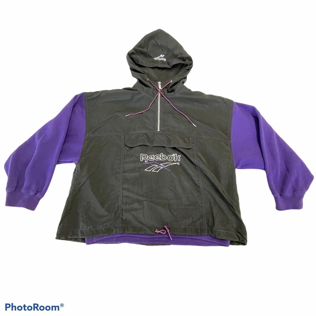 Reebok Windbreaker Vintage Purple Black White Sweatshirt Lined Jacket Men s Sz M