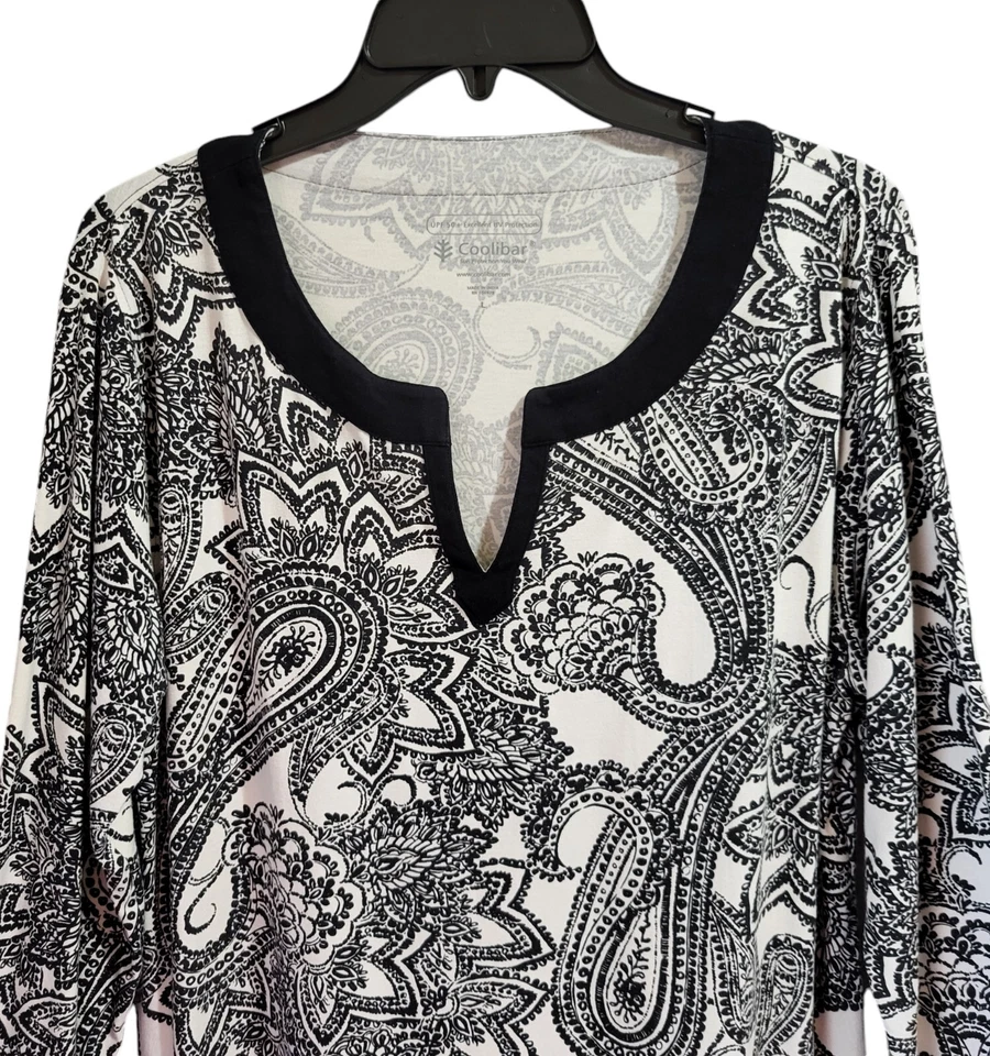 Vestido túnica Coolibar UPF 50+ Oceanside talla L negro blanco manga L hasta la rodilla Foto 3 de 4