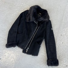 Armani Jeans Black Suede Faux Fur Coat Jacket Ladies 40 S Small