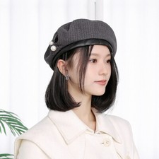 Women Pearl Beret Hat Soft French PU Patchwork Classic Artist Hats Cap