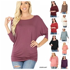 Womens Dolman  3/4 Sleeve Ruched Side Casual Basic Top Tunic Loose Blouse S-3X