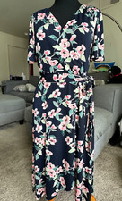 Eliza J Faux Wrap Floral Dress Womens 16 Navy Blue Flutter Sleeve V-Neck Midi