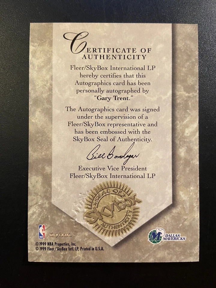 1999 SkyBox Premium Autographics Gary Trent Mavericks Auto Basketball - Image 2 of 2
