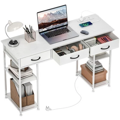 HOMCOM Computer Writing Desk with Power Outlets, Drawers, Shelves, White