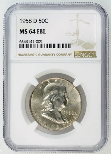 1958 D Franklin Half Dollar MS 64 FBL NGC Graded 50C Silver Full Bell Lines Coin