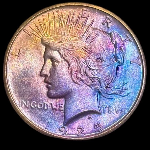 Peace Silver Dollar 1925 Uncirculated 90% Silver Monster Rainbow Toning