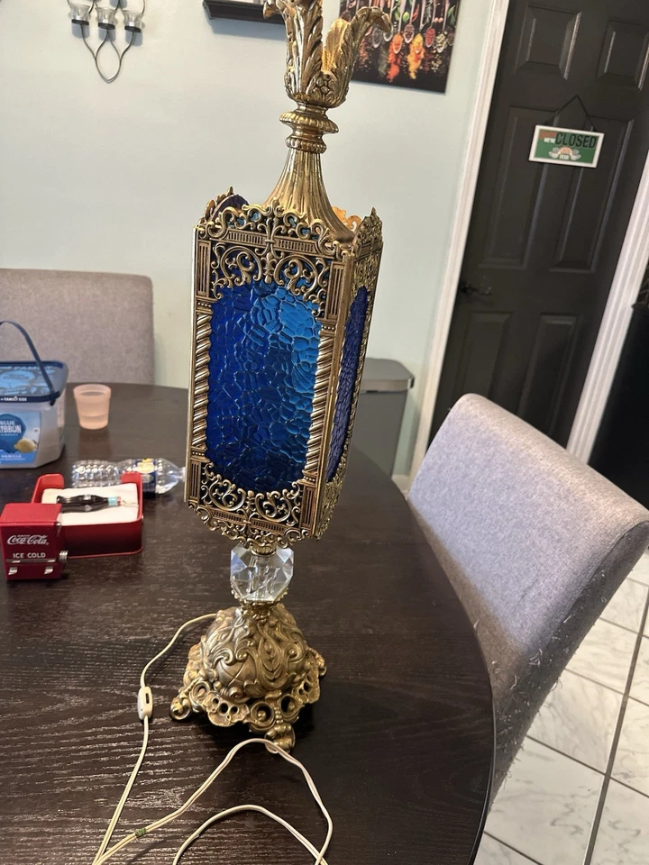 Vintage Gothic Regency Lamp 1970’s Standing Lamp With Stain Blue Glass - Image 3 of 3