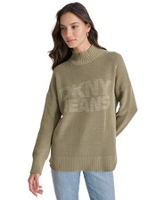 DKNY Jeans Womens Mock Neck Logo polyester Cotton Sweater Olive Green Size S 99